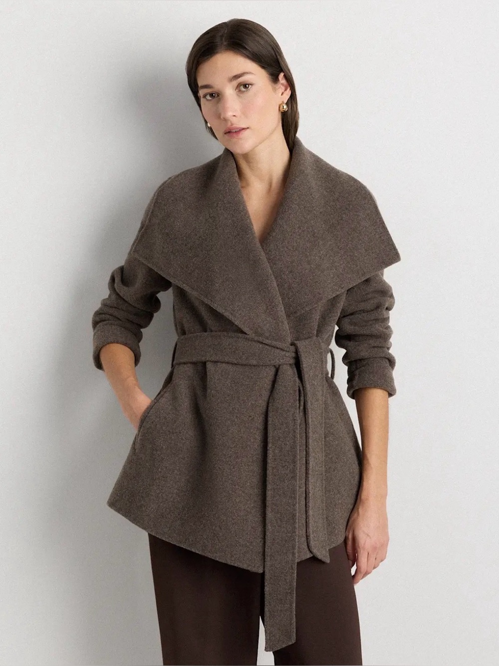 Quince Double-Faced Merino Wool Draped Collar Short Wrap Coat Cocoa Melange S